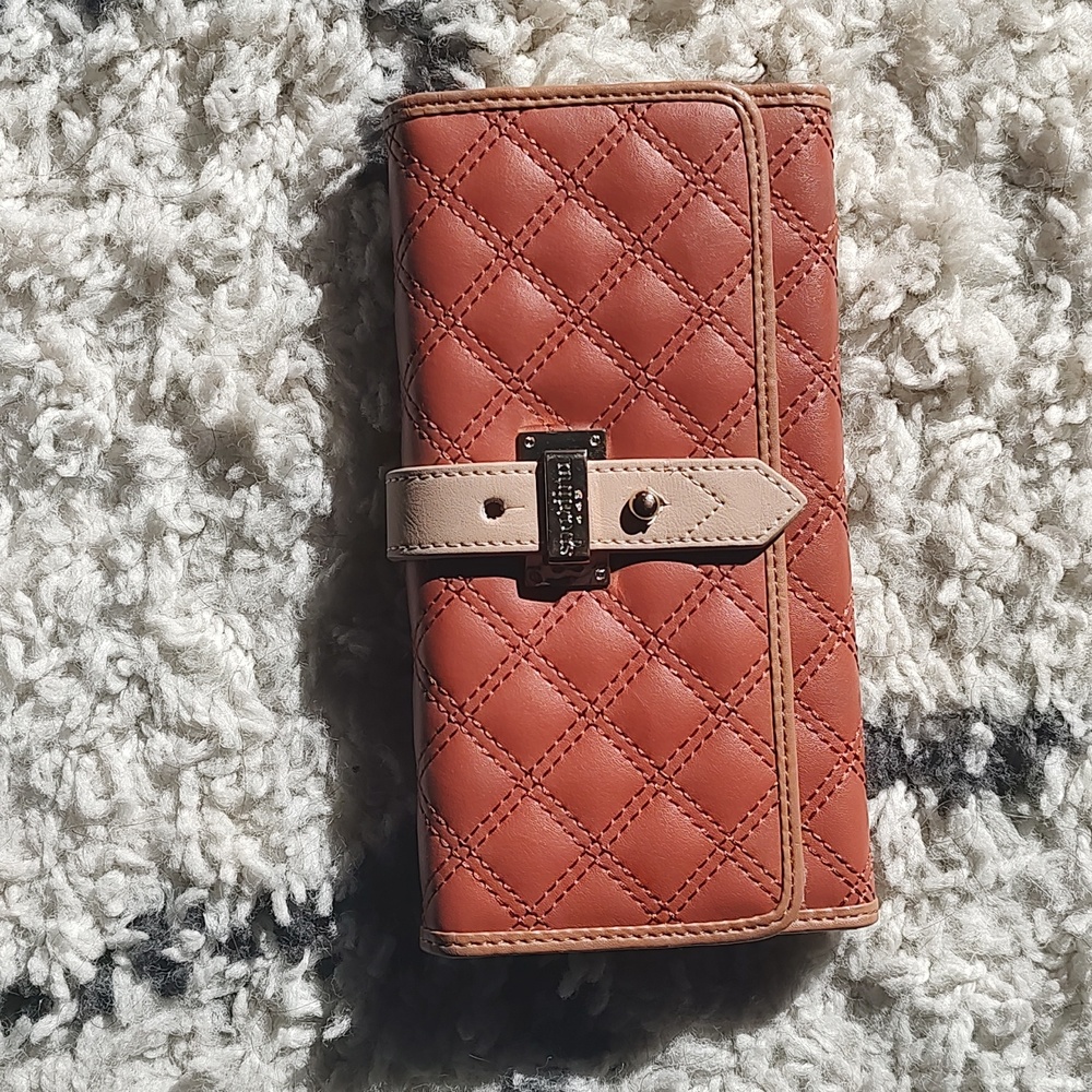 Spartina 449 Tri-fold Clutch Wallet Genuine Leather Burnt Brick/Tan/Brown